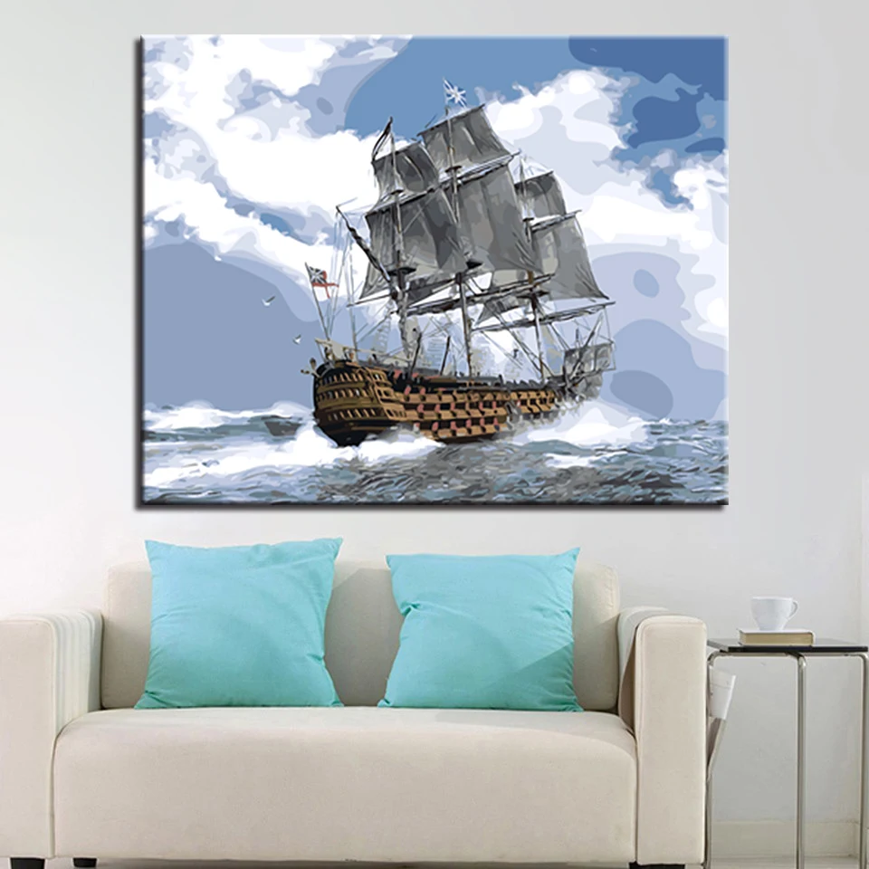 Парусная лодка живопись по номерам DIY Рисунок морская волна масло холст домашний декор настенные художественные наборы раскраска корабль морской пейзаж картины в рамке