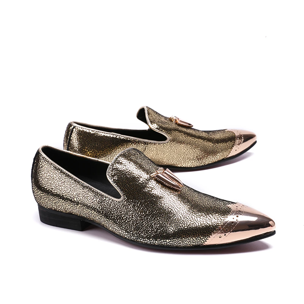 Золотистые металлические фирменные мужские кожаные лоферы в форме Акулий зубьев
