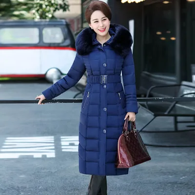 Royal blue Зимняя куртка, новая одежда для среднего возраста, длинная хлопковая верхняя одежда, утепленная с капюшоном, меховой воротник, хлопковые парки, большой размер, L-5XL, DD280 - Цвет: Royal blue