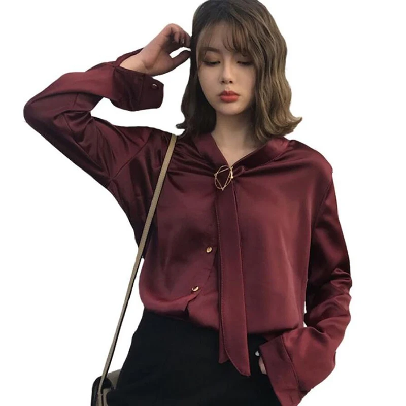 Женская шифоновая блузка с бантом повседневная офисная рубашка V-образным