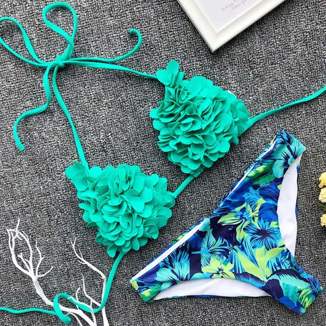 B610Green Сексуальное бикини с объемными цветами, два предмета, купальник для женщин, голубой купальник, Женский Бразильский бикини, микро бикини, набор, купальники с эффектом пуш-ап - Цвет: B610Green