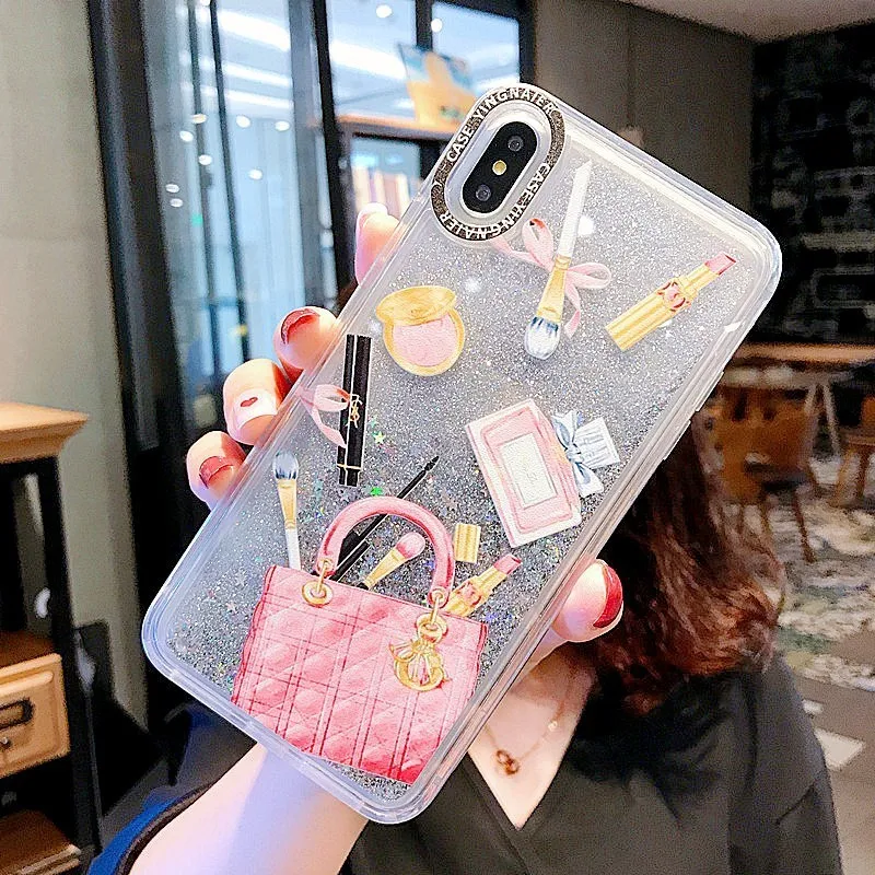 Косметический чехол с сияющими блестками чехол для iPhone 7 XS Max XR X 6 8 Plus жесткая динамическая жидкая косметика Помада флакон для парфюма чехол для телефона