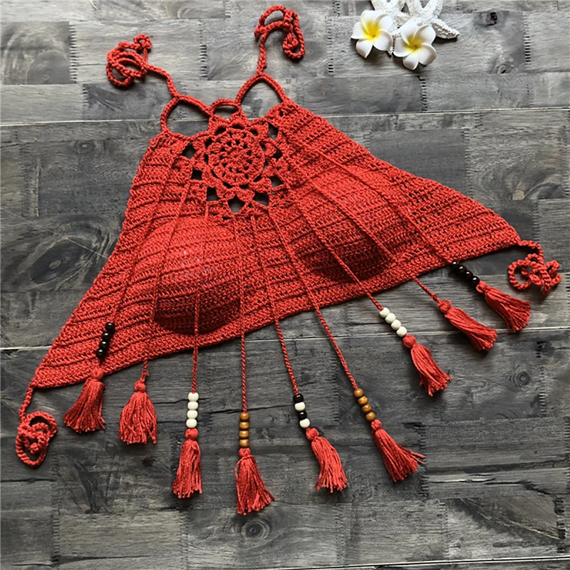 Красный Boho пляж бикини Холтер Cami женщины крючком кружева Bralette вязать бюстгальтер Танк укороченный топ - Цвет: Красный