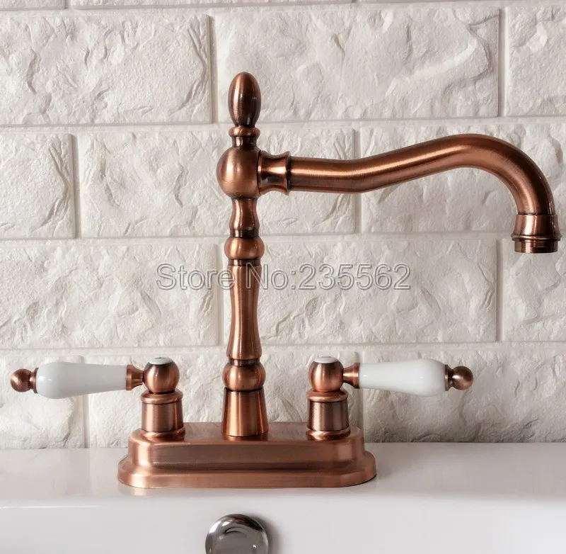 

Antique Red Copper 4" Centerset Kitchen Bathroom Vessel Sink Two Holes Basin Swivel Faucet Dual Handles Water Tap Lrg049