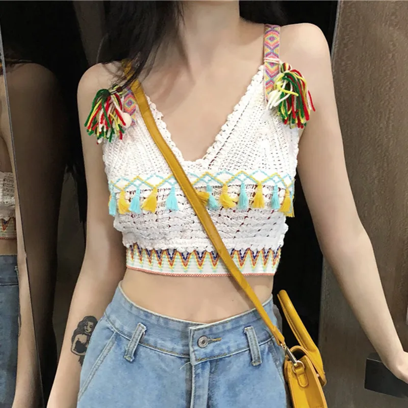 Женские укороченные топы Colorfaith весенне-Летняя трикотажная майка с кисточками и