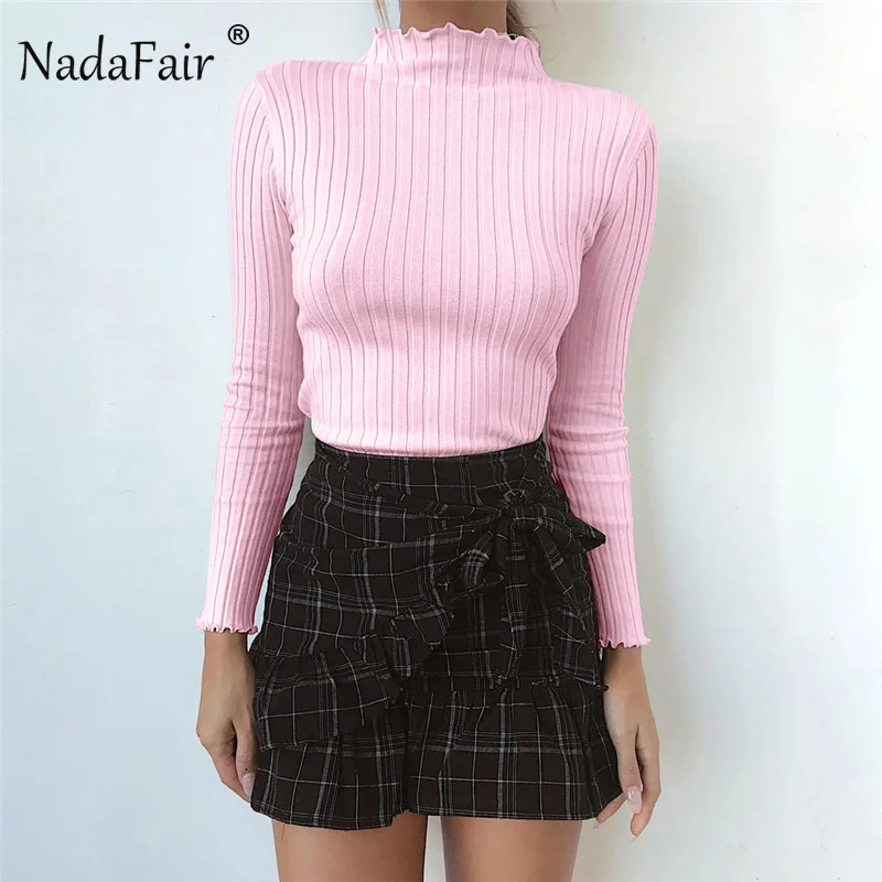 Nadafair 2018 осень зима Новые однотонные теплые хлопковые футболки Для женщин