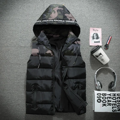 Black UNIVOS KUNI, новинка, мужской жилет, женский, теплый, для пары, брендовая мужская жилетка с капюшоном, камуфляж, без рукавов, Осень-зима, большой размер 4XL, Q6030 - Color: Black