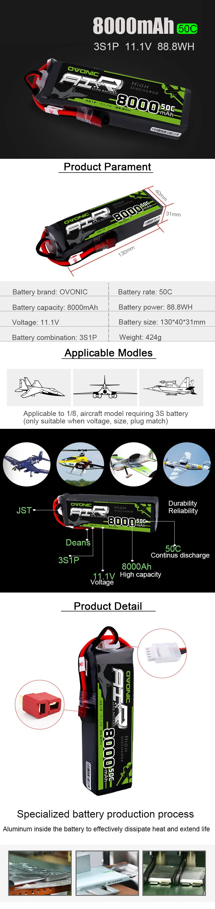 2 упаковки аккумуляторов osonic Lipo 8000mAh 50C 3S 11,1 V Deans разъем для 1/8 размера RC автомобиля грузовика лодки квадрокоптера вертолета дрона