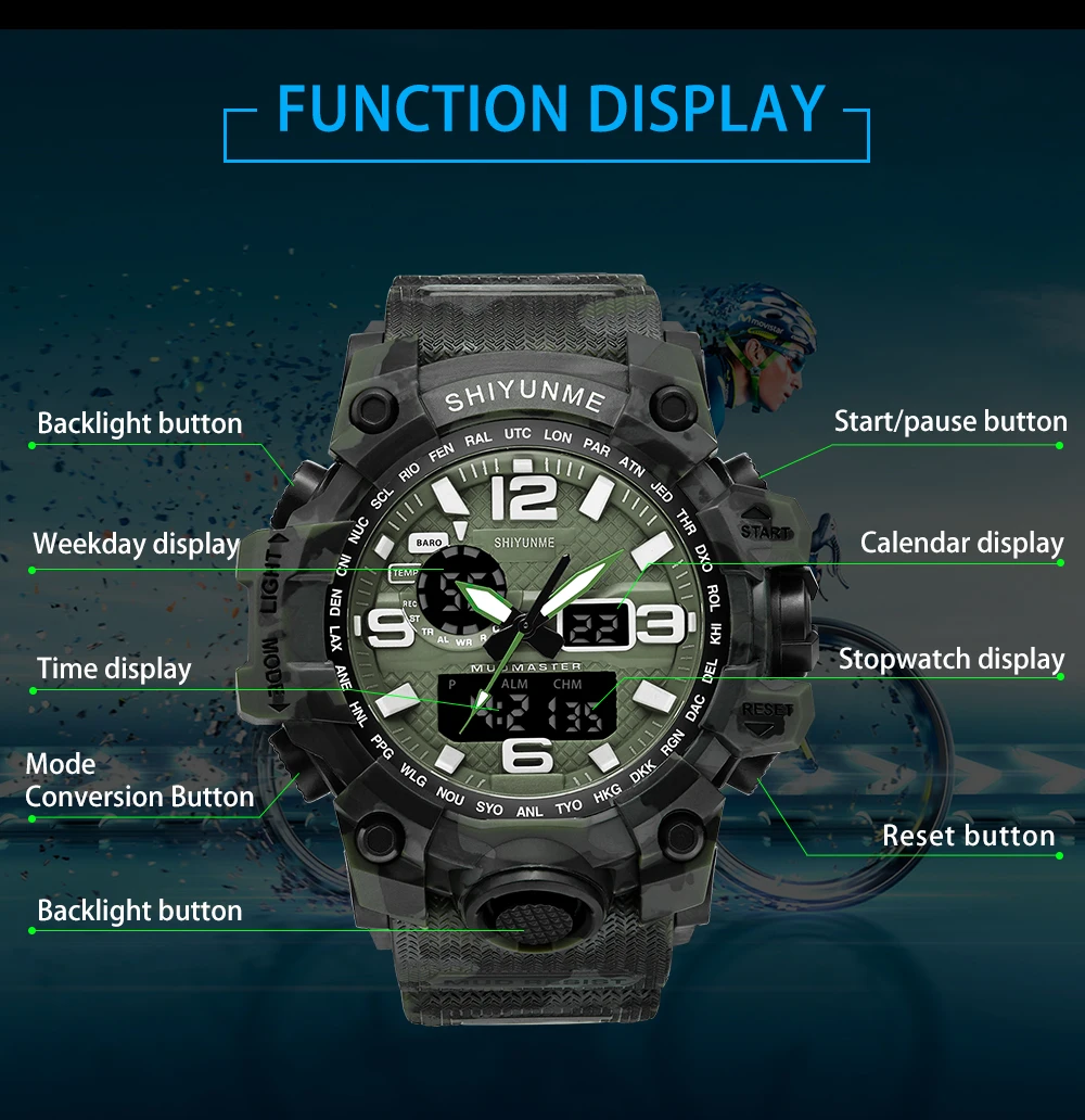 Бренд спортивные часы для мужчин Dual Time Камуфляж Военная Униформа часы для мужчин армия светодиодные цифровые наручные часы 50 м водонепроница