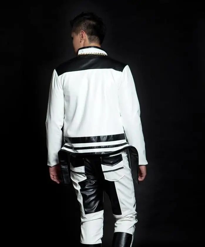 Мужская короткая куртка из искусственной кожи черная белая для мотоциклов |