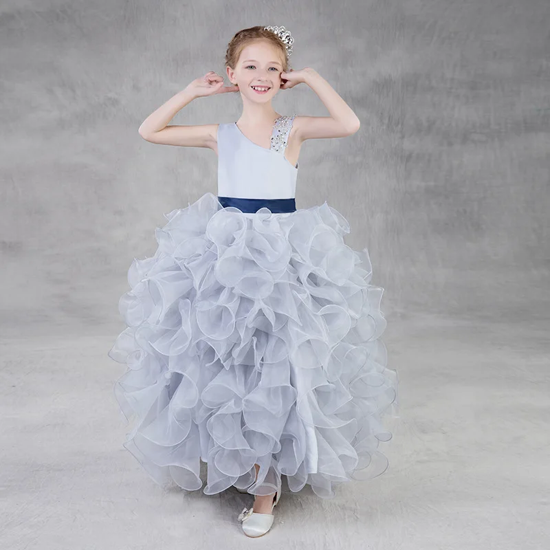 

201 European American Style Flower Girl Dress Long Grey Irregular Neck Cute Tulle Ball Gown Flower Girl Dresses For Weddings
