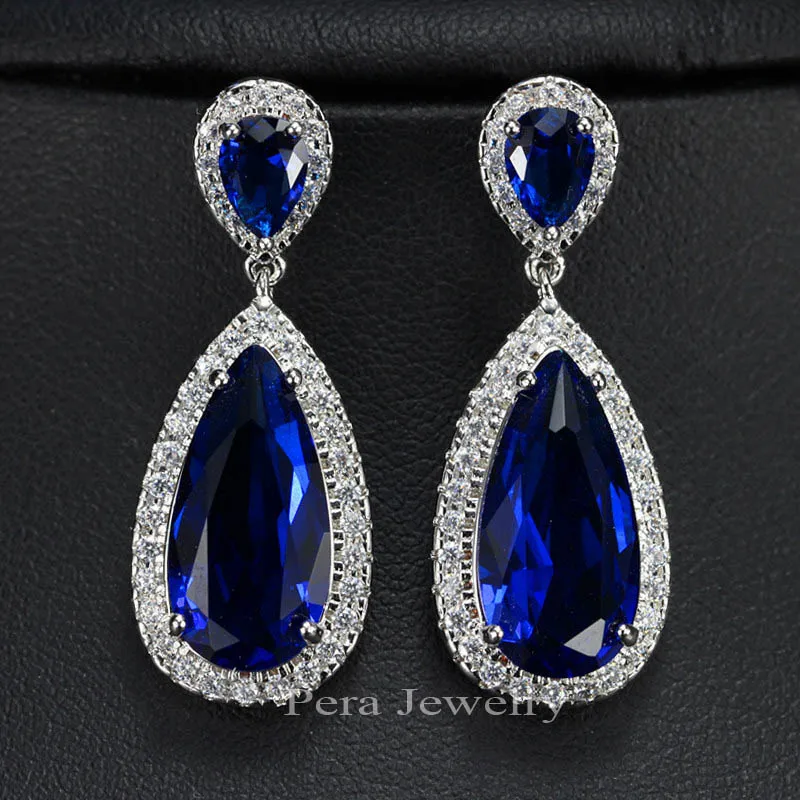 blue Pera элегантный дизайн с красными ушками ювелирные изделия серебряный цвет Большой кубический цирконий камень проложить Установка длинные висячие Висячие серьги для женщин E235 - Окраска металла: blue
