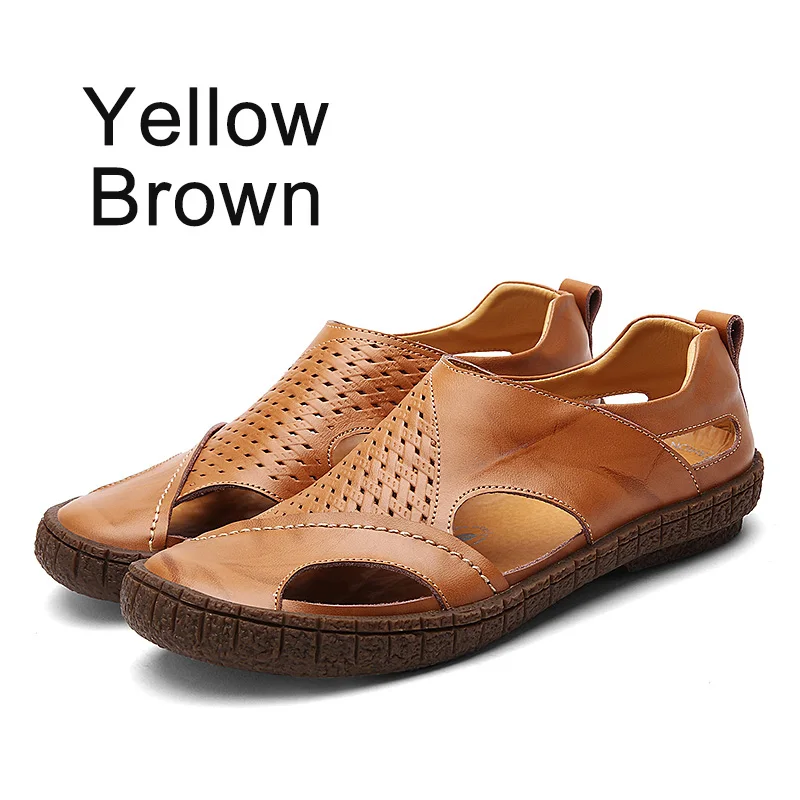 Yellow brown BIMUDUIYU мужские сандалии из яловичного спилка; Водонепроницаемая Летняя обувь на плоской подошве; Повседневная дышащая обувь в Корейском стиле; повседневные сандалии без застежки - Цвет: Yellow brown