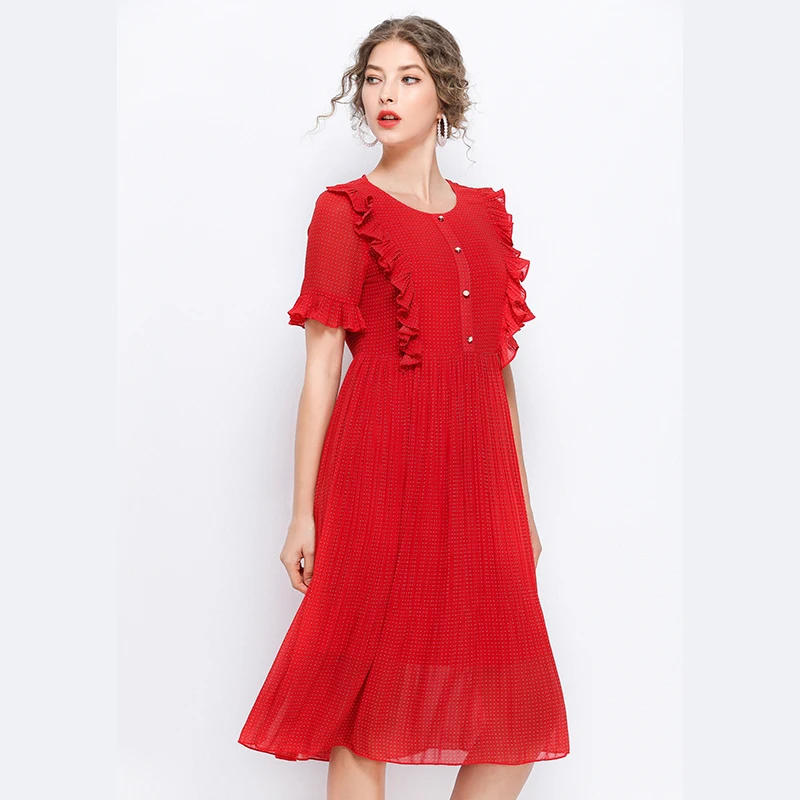 Diwish Women Dress 2019 Plus Size Summer Red Dot Short Flare Sleeve O-Neck Elegant Lady Party Tightening Up Waist | Женская одежда