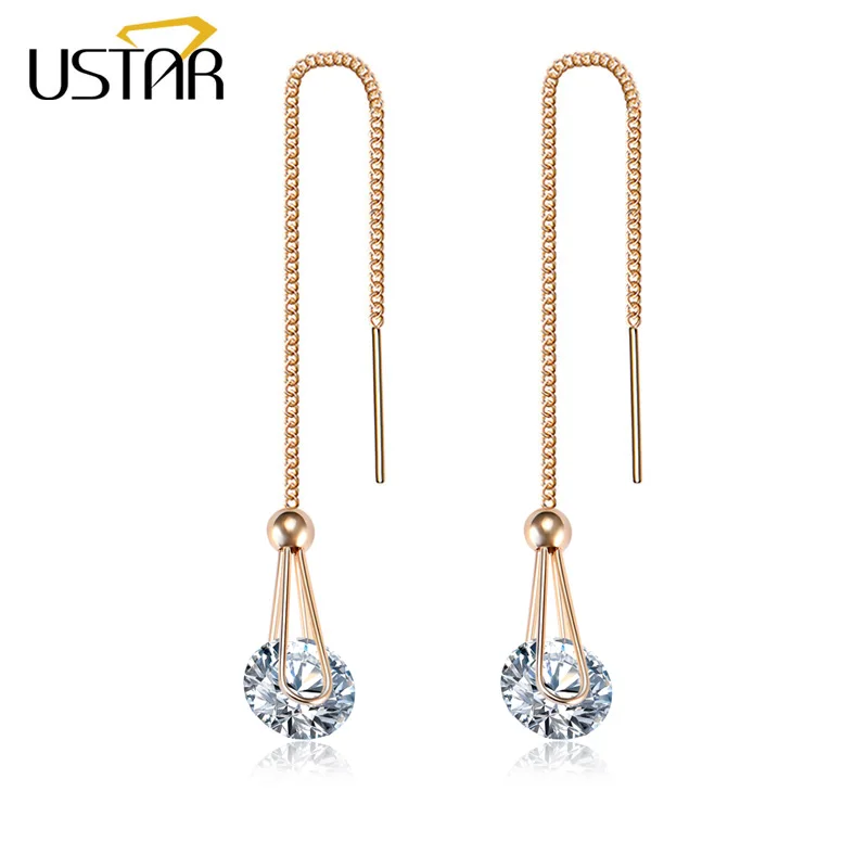 USTAR, длинные женские серьги в форме капли, 2.0ct AAA, круглая огранка, кубический цирконий, свадебные ювелирные изделия, серьги-гвоздики для женщин, brincos, подарок