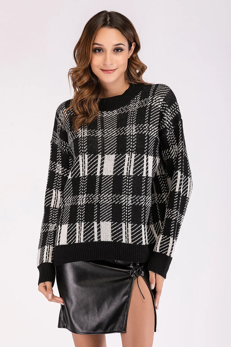 Winter O-Neck Sweater Women Pullover Warm Female Plaid Print Wild Basic Autumn Knitted Loose | Женская одежда