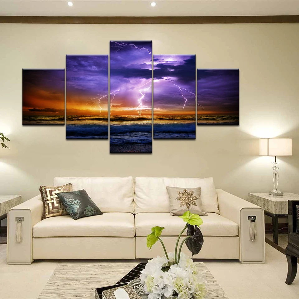 HD печать 5 шт холст темные облака Молния море океан шторм Живопись стены