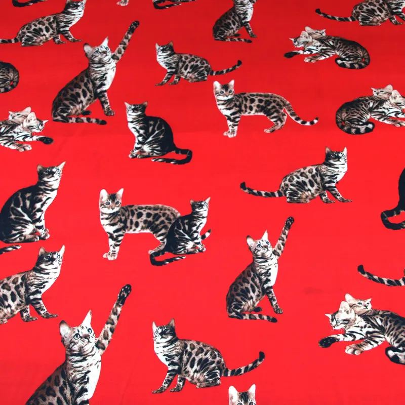 Полиэфирная шелковая атласная ткань принт с животными Красный Кот эластичная