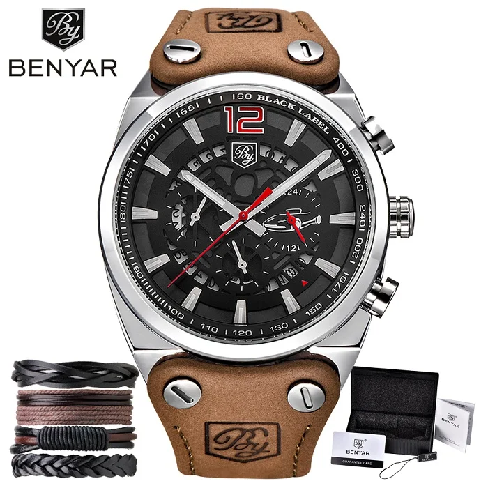 Brown Silver Red BENYAR армейские военные мужские часы мужские коричневые Топ брендовые Роскошные водонепроницаемые спортивные мужские часы кварцевые мужские наручные часы xfcs браслет - Цвет: Brown Silver Red