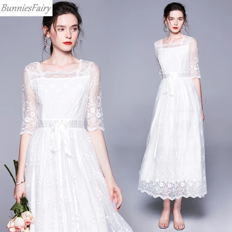 BunniesFairy 2019 летнее Новое Женское милое белое платье принцессы с цветочной вышивкой