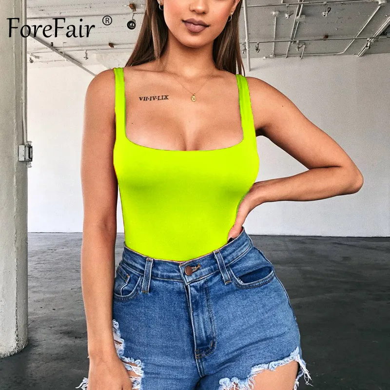 Neon Green Bodysuit Forefair неоновый летний Боди Топ летний квадратный вырез базовый женский комбинезон без рукавов s сексуальный Облегающий комбинезон женский боди - Цвет: Neon Green Bodysuit