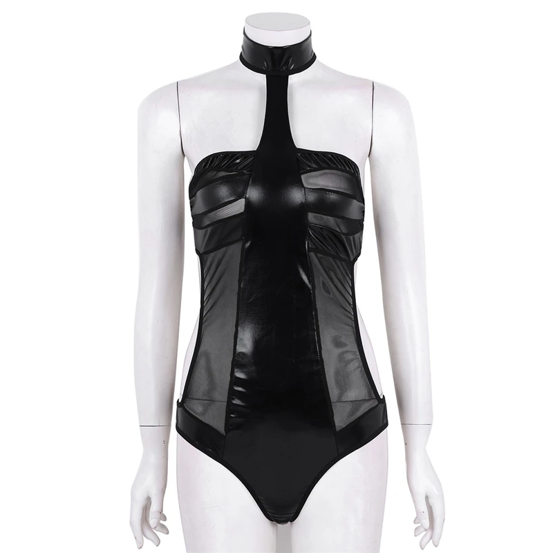 Женское нижнее белье из искусственной кожи Wetlook боди с бретельками на шее