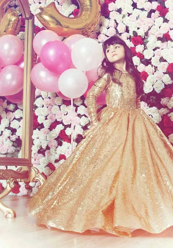 bling golden sequined ball gown puffy girls pageant long sleeves little princess 1st birthday party dress | Детская одежда и обувь