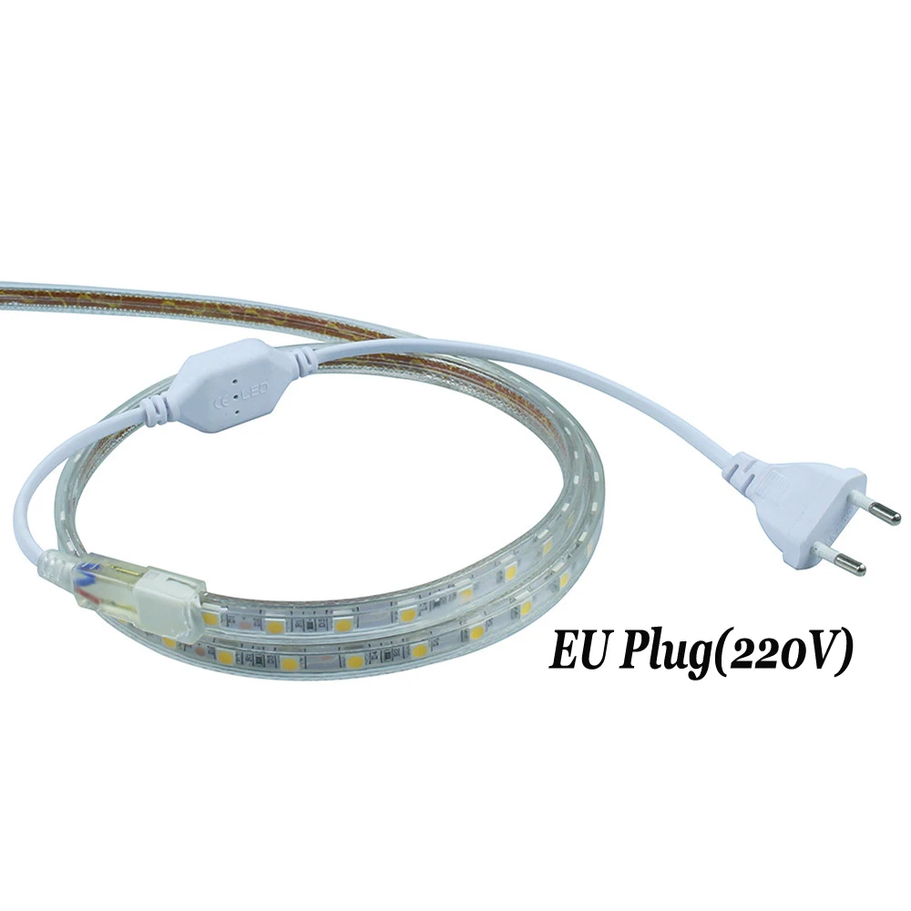 SMD 5050 AC220V Светодиодные ленты гибкий свет 60 Светодиодный s/m Водонепроницаемый светодиодный свет с Мощность разъем украшения для дома KitchenTV Подсветка