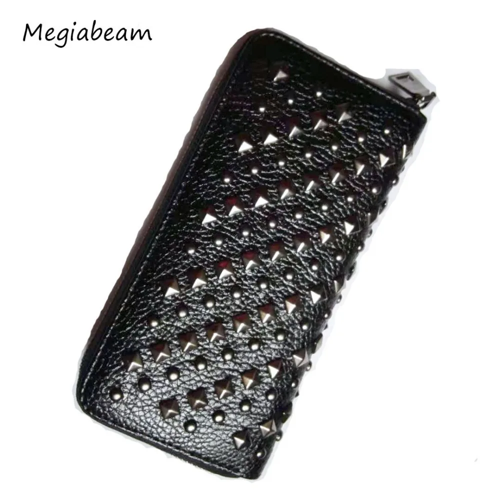 

New Fashion 2019 Rivet Women Wallet PU Leather Zipper Solid Color Long Women Purse Punk Rock Style Clutch Black Champagne Color