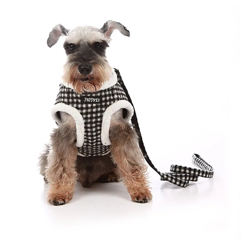 black white plaid Славный KEK зимний поводок для собак и поводок, набор теплых флисовых поводков для маленьких собак, набор поводков, милый клетчатый жилет для собак, ремень для чихуахуа - Цвет: black white plaid