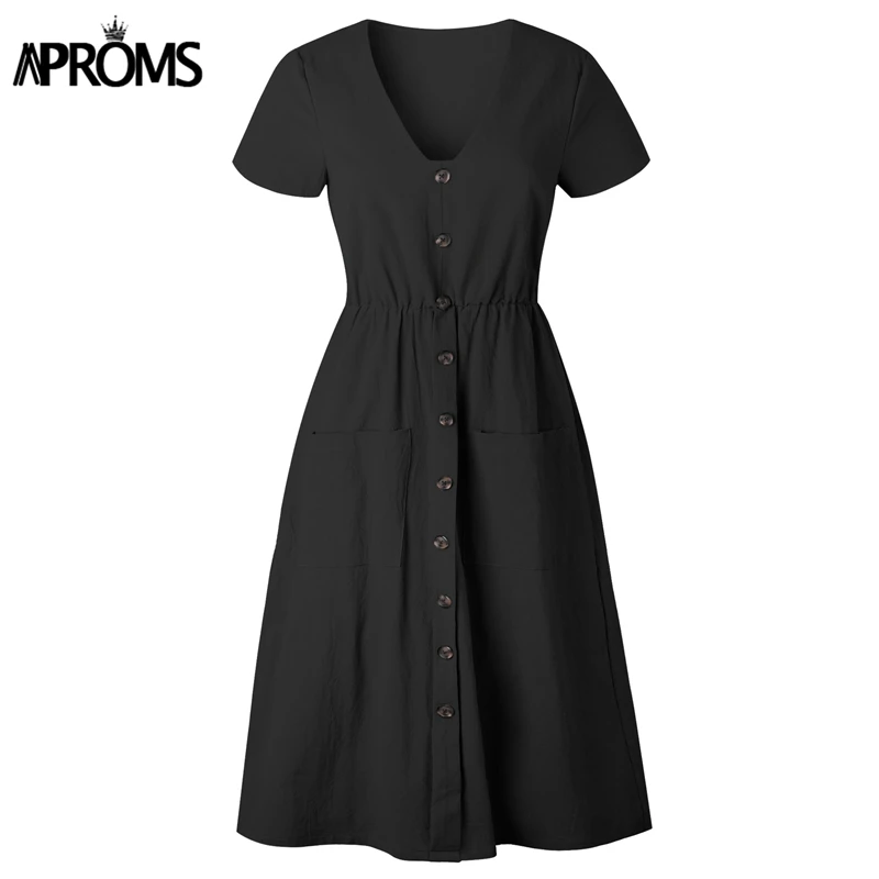 Aproms, одноцветное, цветное, с высокой талией, летнее платье, женское, повседневное, v-образный вырез, пуговицы, длина до колена, платье, Vestidos, женские, с карманами, сарафаны - Цвет: Черный
