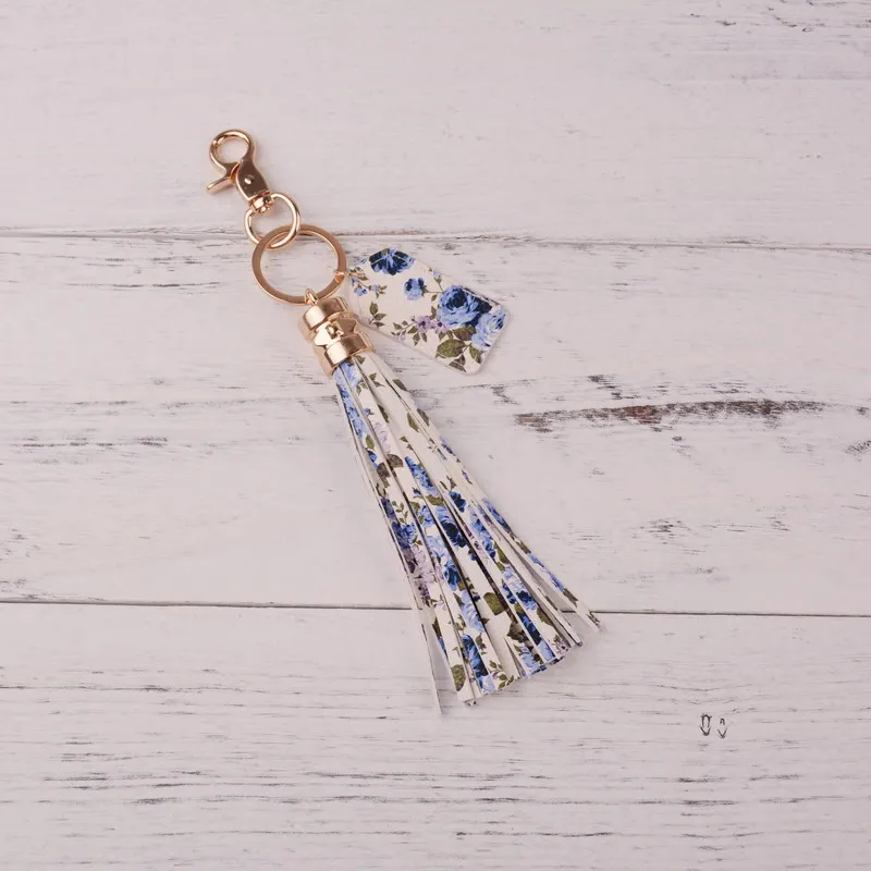 Flower Blue Модный Печатный брелок с кистями для женщин ручной работы кожаный длинный стиль аксессуары брелок Простой Привлекательный брелок на подарок для девушек - Цвет: Flower Blue