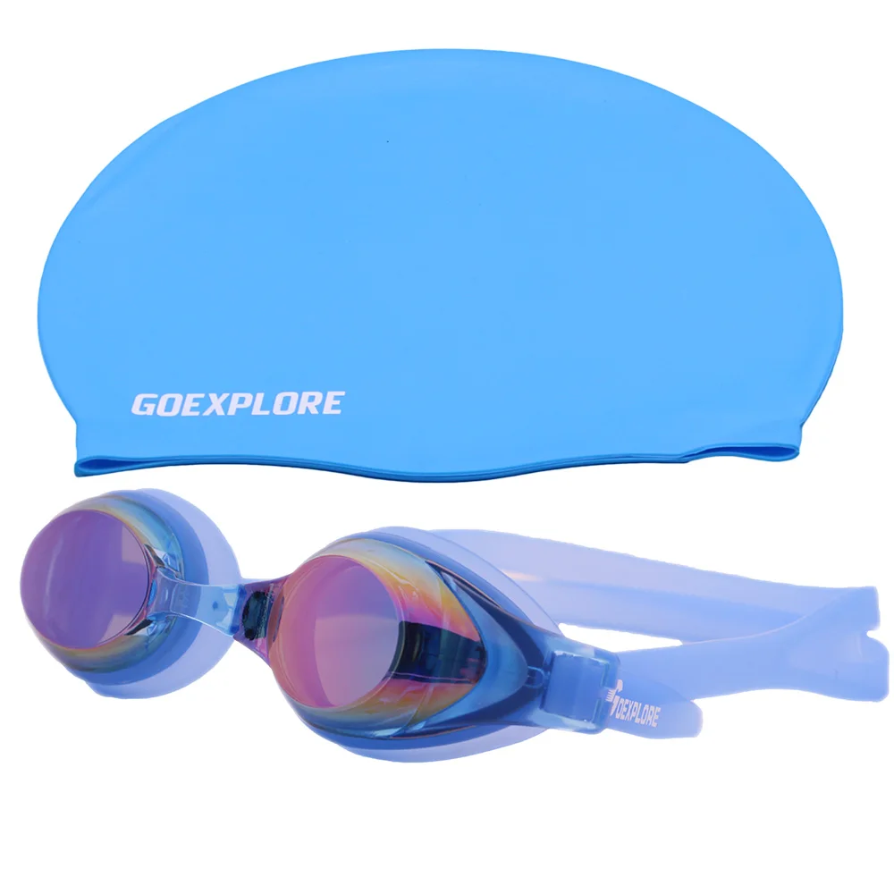 blue Goexplore ore плавать ming cap+ плавать ming очки для мужчин женщин взрослых свободный размер водонепроницаемые спортивные купальники для бассейна очки для плавания - Цвет: blue