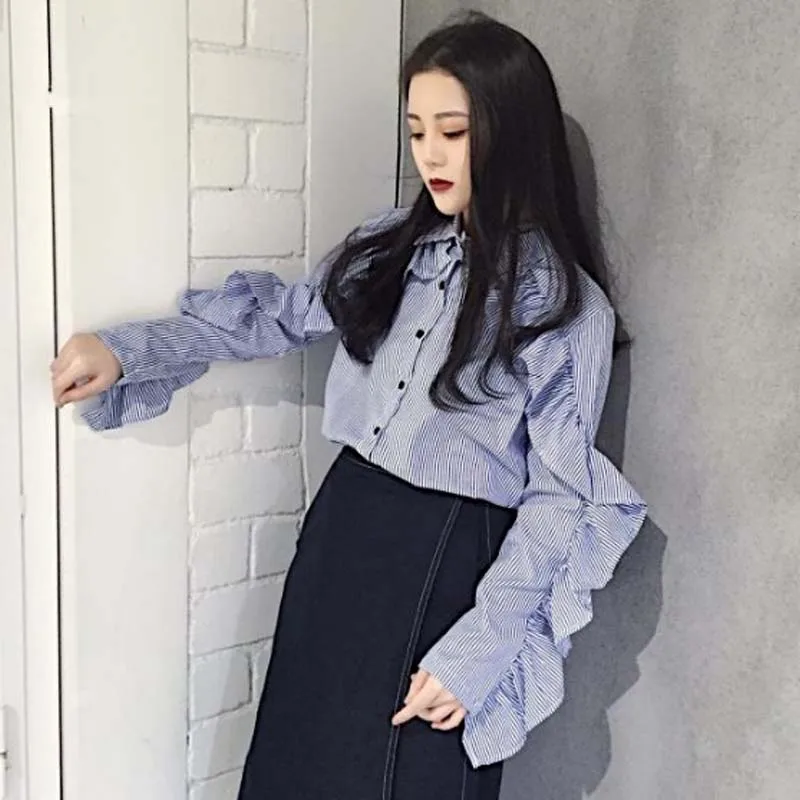 Missoov moda feminina brand fall New Women chic Blouse ladies Tops long Sleeve blue striped Shirts ruffles blusa vetement femme |