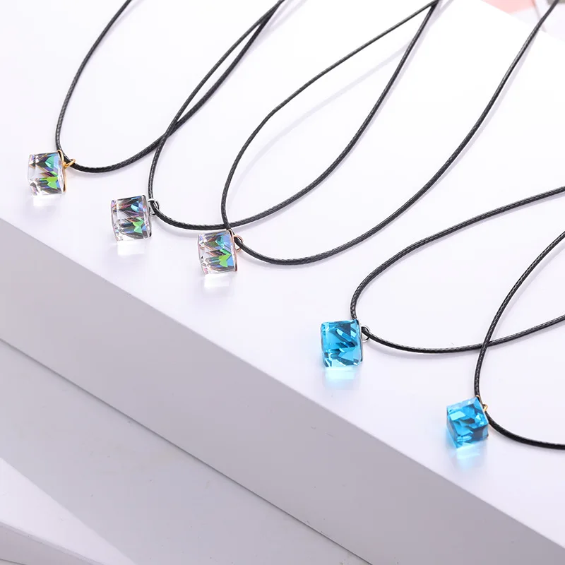 

Black Rope Chain Square Blue & clear colored Crystal lady Short necklace, Stainless steel part cheap woman necklaces