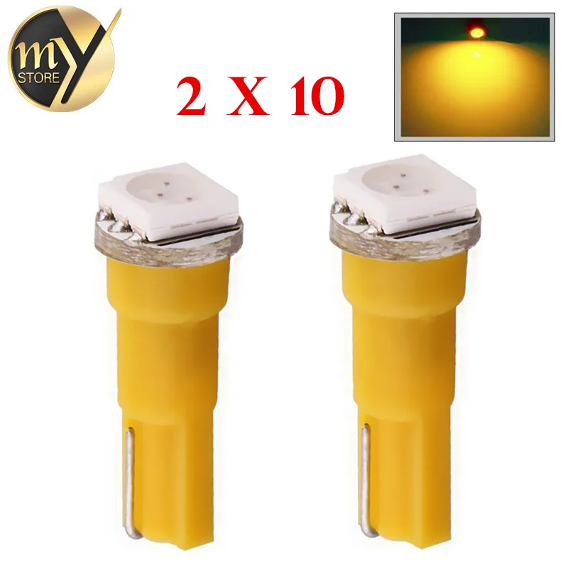 

20 шт., Автомобильные светодиодные лампы T5 1 SMD 5050 желтого цвета
