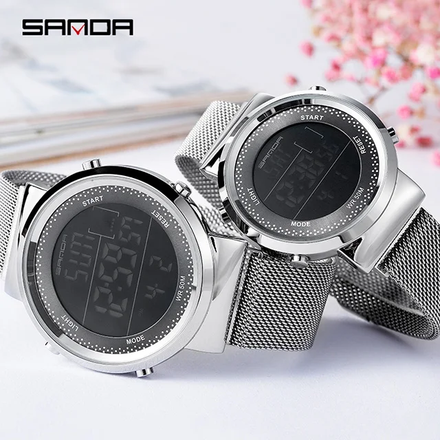 women silver Модные женские и мужские магнитные цифровые часы из розового золота, роскошный светодиодный Электронные наручные часы из нержавеющей стали, водонепроницаемые спортивные часы - Цвет: women silver
