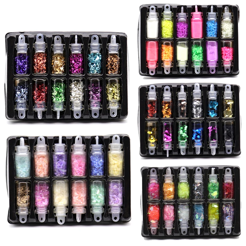 

WAKEFULNESS 12 бутылок, ракушка для ногтей, блестящие хлопья, блестки, флуоресцентная пудра для маникюра, 3D украшения для дизайна ногтей