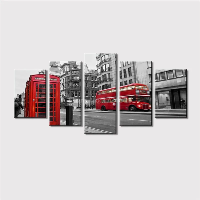 

CLSTROSE Printed Wall Art Canvas Pictures 5 Pieces London Street Scene Red Bus Canvas Painting Home Decoration For Living Room