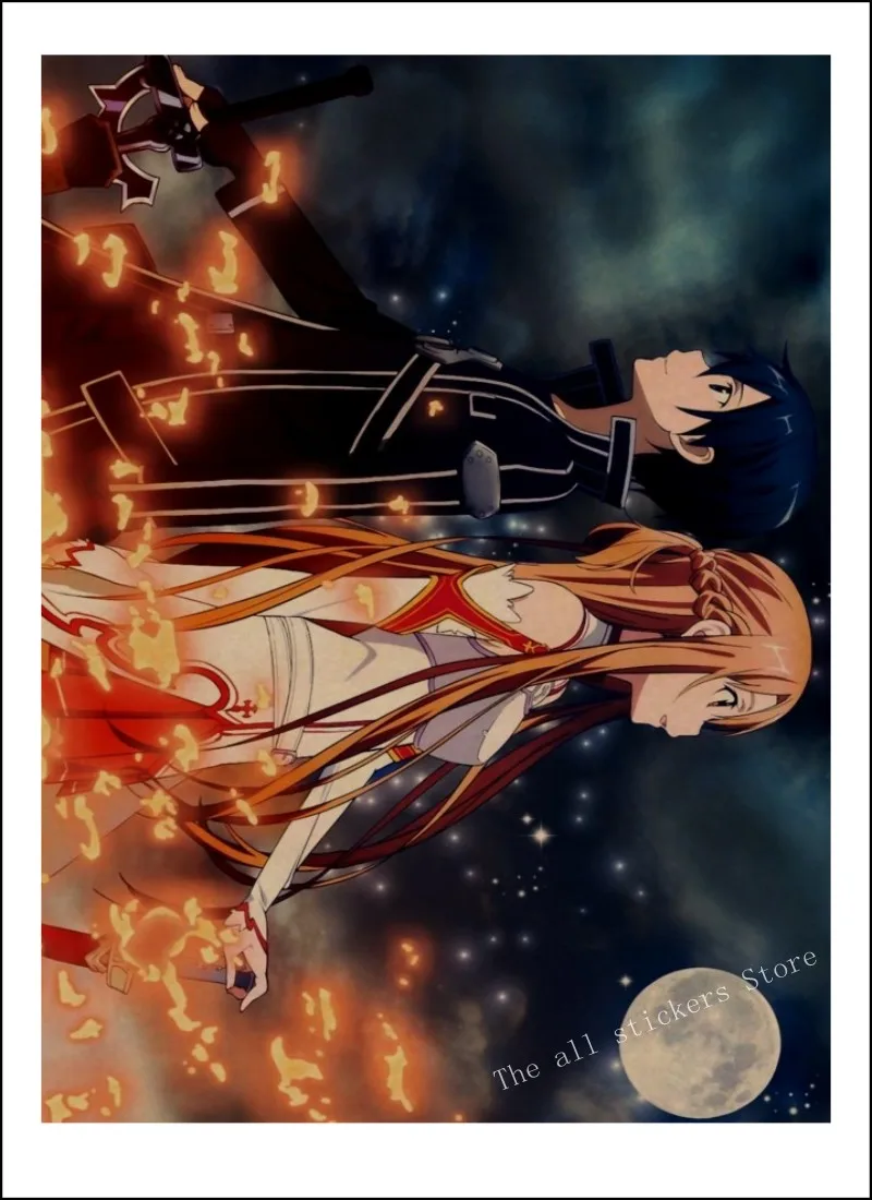 

Sword Art Online SAO kraft poster wall sticker Japanese anime Kirigaya Kazuto Yuuki Asuna. wall stickers for kids rooms /903