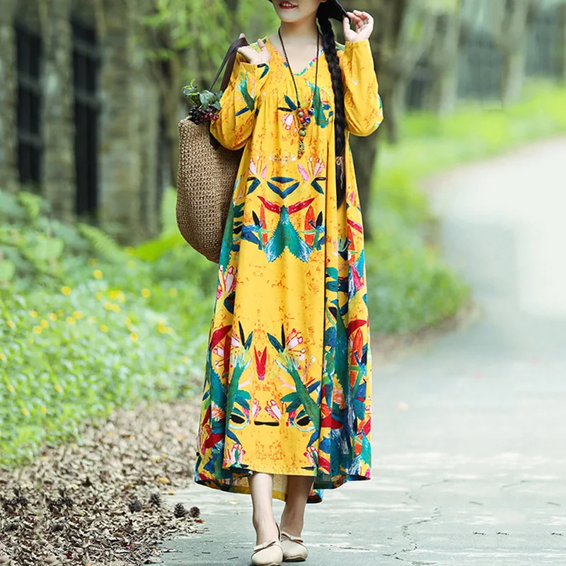 EaseHut Женщины Boho Винтаж Свободное Повседневное Платье с принтом Хлопок льняное Платье с Длинными Рукавами Негабаритных Халат Макси Длинное Платье Vestidos