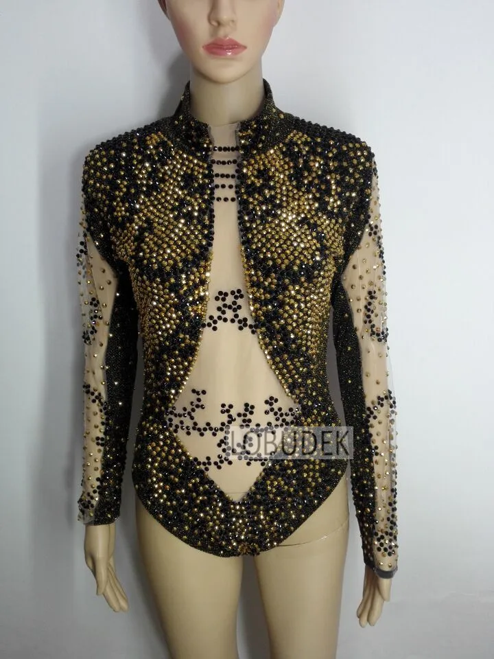 Прозрачный комбинезон Стразы Zentai золотистый черный боди с блестящими