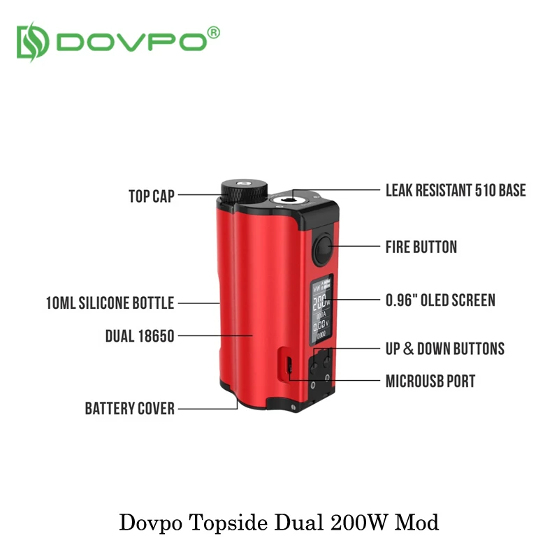 Электронная сигарета DOVPO Topside Dual 200 Вт Vape Mod Top Fill TC Squonk 10 мл Питание от двойной батареи 18650 испаритель VS Drag 2