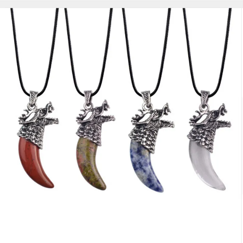 Silver Plated Natural Stone Wolf Tooth Pendant Necklace For Women Tiger eye Sodalite Crystal Pendants Jewelry|stone wolf|necklace silver