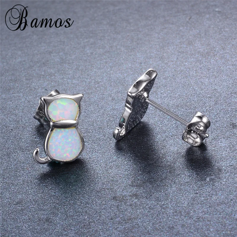Серьги гвоздики женские серебряного цвета с опалом и котом|cute cat stud earrings|cat