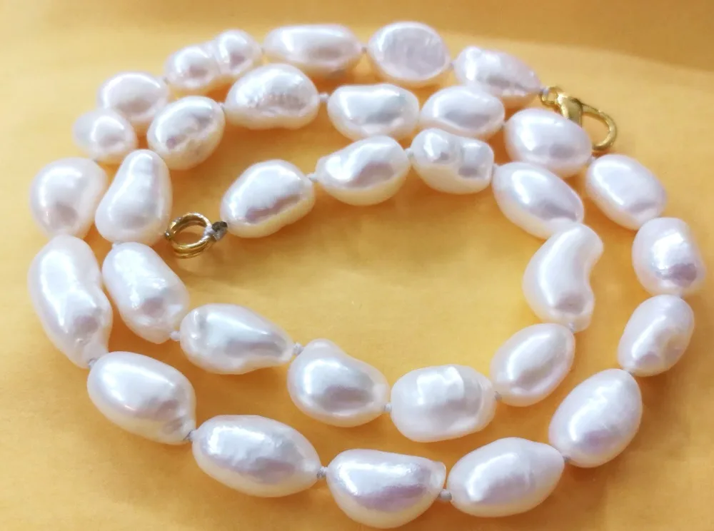 

Women Jewelry 11mm White pearl baroque beads handmade necklace gold color clasp real Natural freshwater pearl gift 42cm 17''