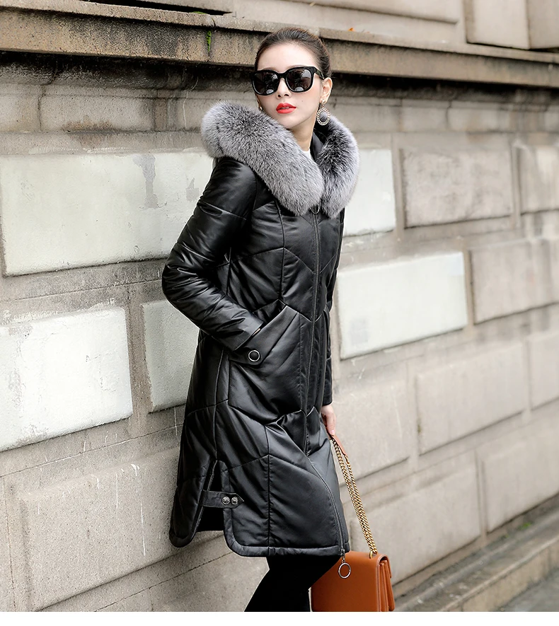Пуховик женский из натуральной кожи с лисьим мехом|Женские пуховики| |