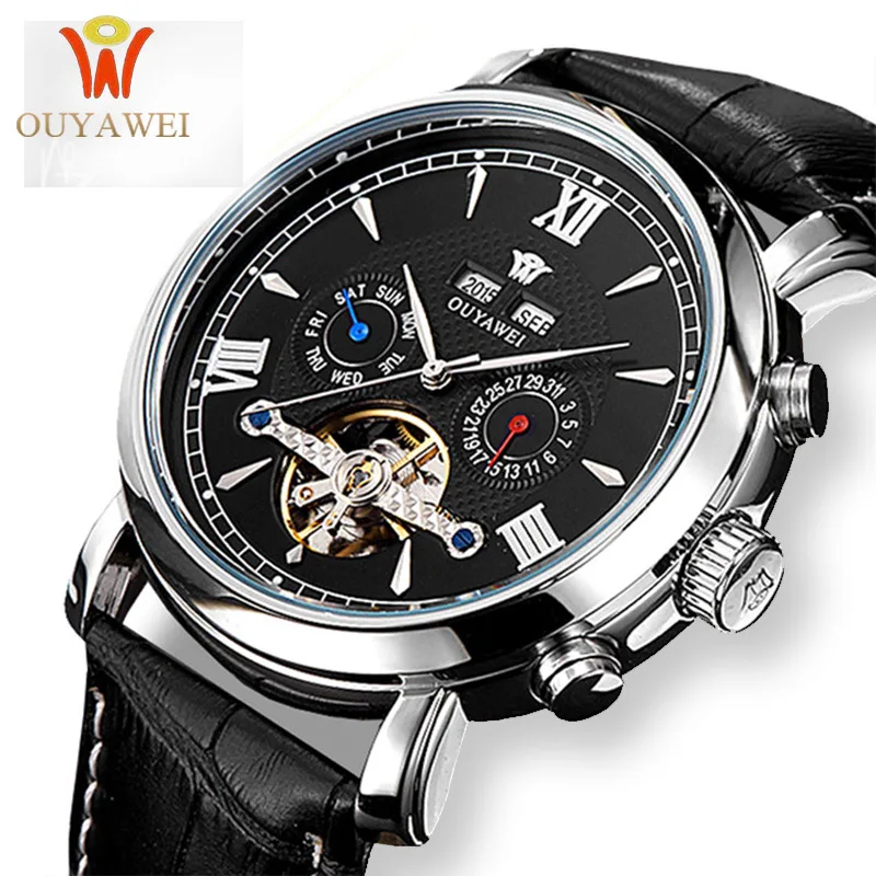 OUYAWEI Скелет механические часы Роскошные мужские черные Tourbillon бизнес бренд Кожа