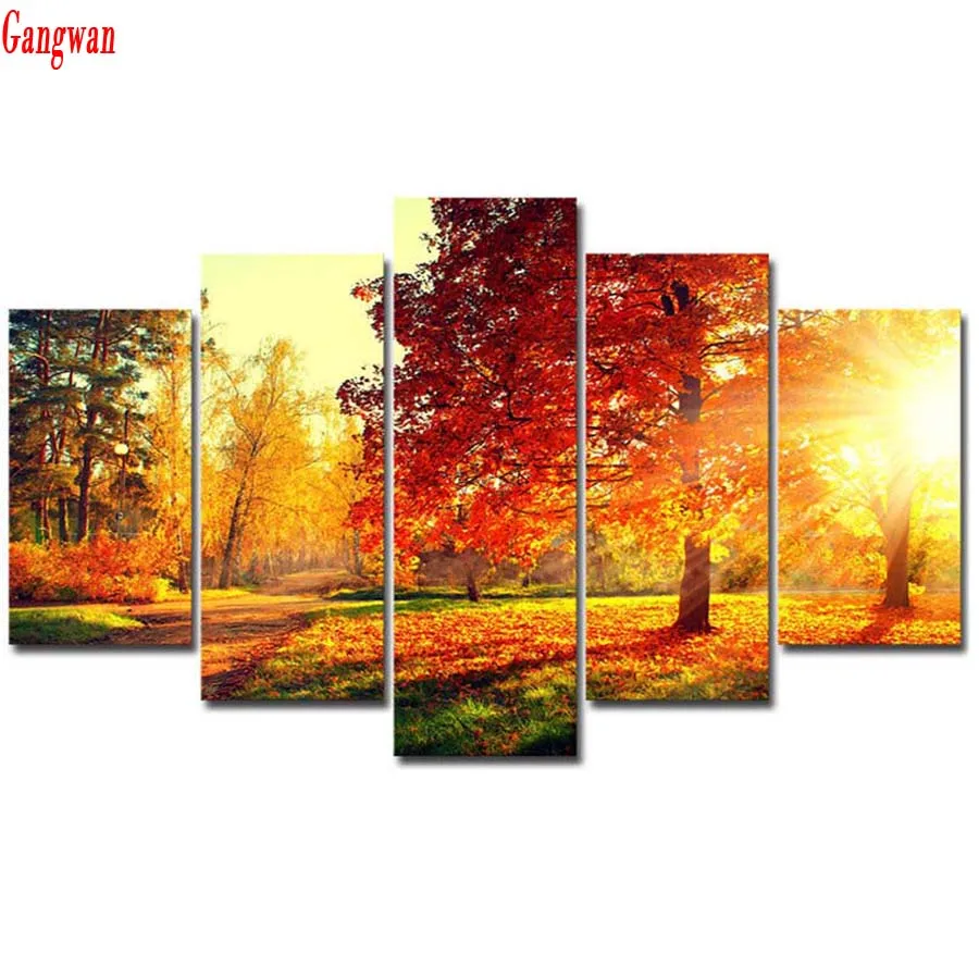 

multi-picture combination 5pcs diamond painting forest landscape red maple leaf poster autumn tree cross stitch wall decoration