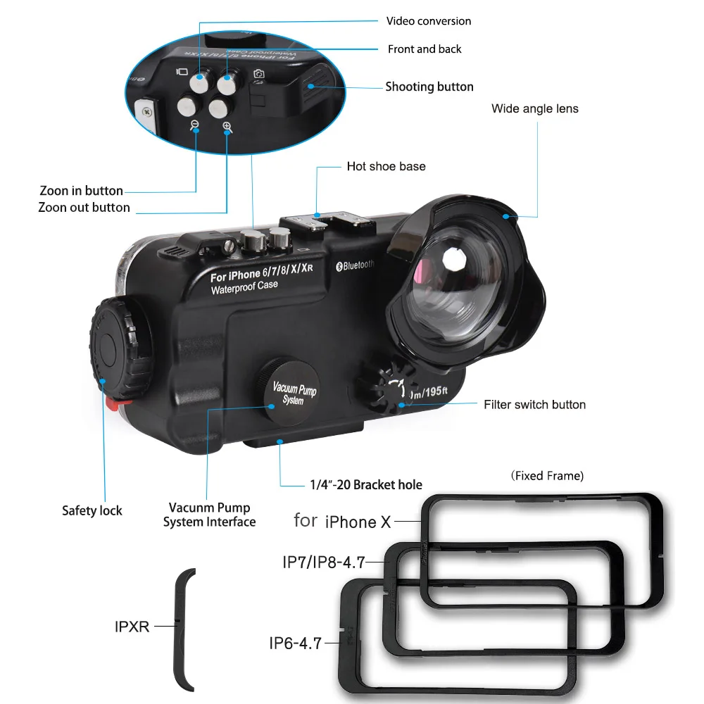 Seafrogs 60m/195ft 4.7'' Bluetooth Waterproof Housing Diving Phone Case Cover Bag For iPhone X/6/7/8/XR - Black / White color |